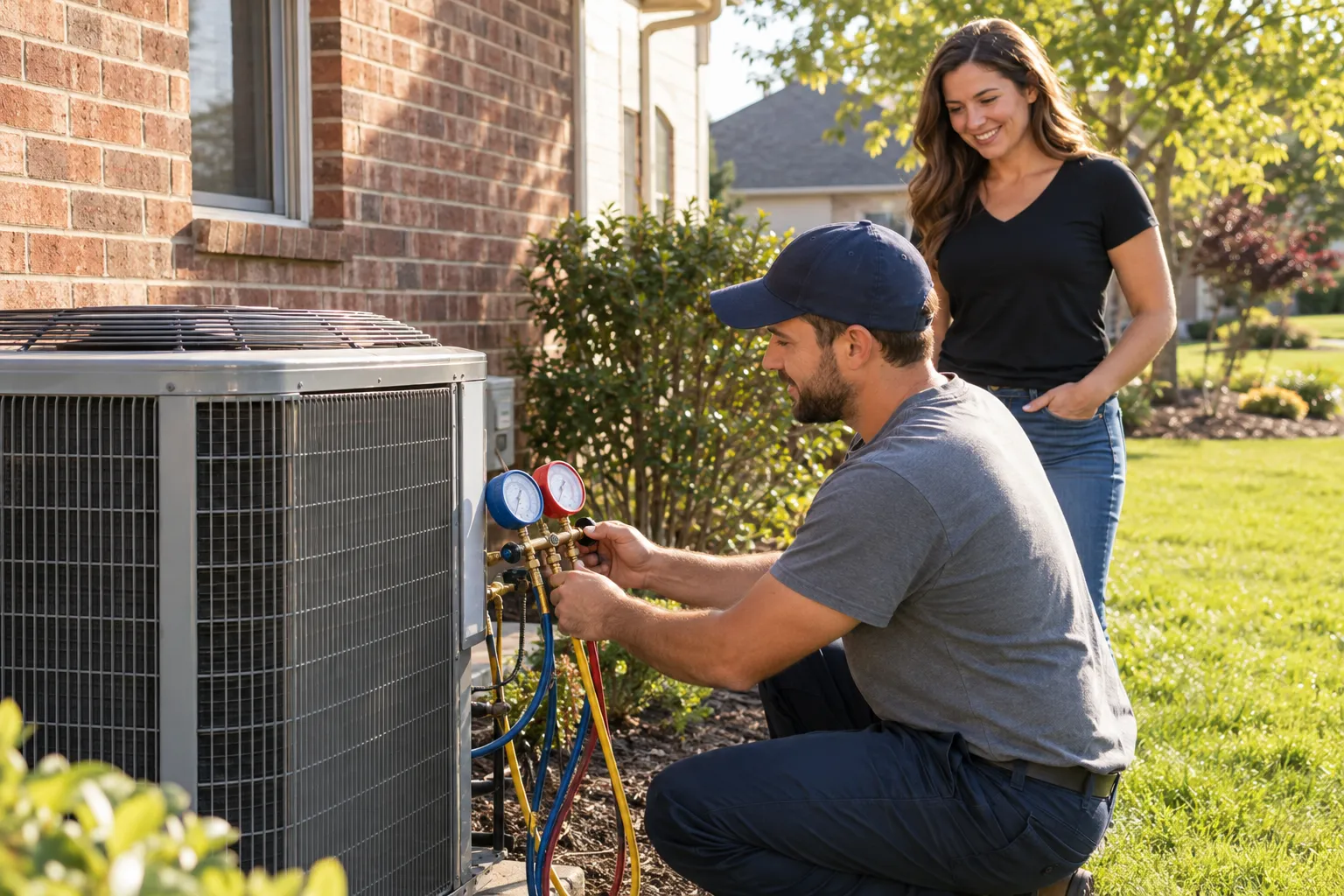 Local AC provider checking an outdoor air conditioner at a South Fulton home during summer